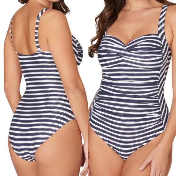 Niptuck Swim Nautical Stripe Ahoy Foil Twist Front Tummy Control Swimsuit US 8 - Picture 8 of 8